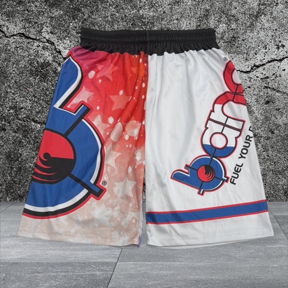 NWOT Bang Energy Fuel Your Destiny White Red Blue Graphic Gym Shorts Size Medium